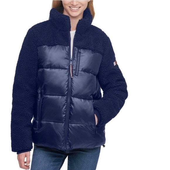 Women’s TOMMY HILFIGER Mixed Media Navy Blue Sherpa Puffer Jacket Coat - Picture 2 of 10